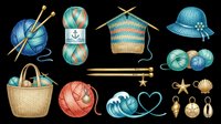 Knitting and crochet clipart set with yarn balls, needles, hat, basket, and sea elements, isolated on transparent background, ready for stickers, sublimation, and print on demand.