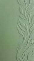 Sage green embossed floral border design with raised leaf pattern on textured surface for elegant interior decoration and luxury wallpaper applications.