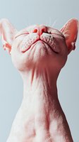 Close-up portrait of hairless Sphynx cat nose and face from below angle showing unique skin texture and facial features against light background.