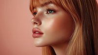 Profile view of young woman with strawberry blonde hair, freckles, and glossy pink lips against coral background. Natural beauty concept.