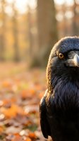 Black raven portrait in autumn forest with golden sunlight and bokeh background. Wildlife photography showcasing corvid bird in natural habitat during fall season.