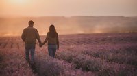 Couple holding hands walking through blooming lavender field at golden hour sunset, romantic countryside landscape for travel and lifestyle content.