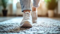 Casual white sneakers on person walking across soft carpet at home, close-up view with natural lighting and blurred background creating cozy atmosphere.