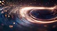 Glowing spiral light trails with golden particles and blue waves creating dynamic motion effect against dark background, abstract cosmic design element.