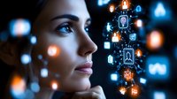 Young woman with thoughtful expression looking at digital social media icons and network connections, representing modern online communication technology.