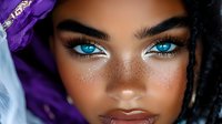 Young mixed-race woman with striking blue eyes and purple headscarf portrait for beauty and fashion concepts.