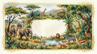 African safari animals frame with elephants, giraffe, lion, zebra and tropical vegetation creating decorative border for text or design projects.