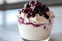 Creamy vanilla mousse dessert topped with fresh blueberry and cherry compote in glass cup, dark chocolate crumb base. Sweet treat with layered textures and colors.
