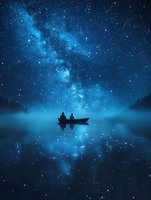Silhouettes of two people in a boat floating on misty lake waters beneath spectacular starry night sky with bright Milky Way galaxy perfect for astronomy, romance, or meditation themes.