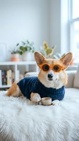 Adorable corgi dog wearing orange sunglasses and blue knit sweater relaxing with coffee cup on fluffy white rug in bright modern living room interior.