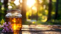 Golden honey jar glowing in sunset light on rustic wooden table with pink wildflowers, natural bokeh background creates magical forest atmosphere.