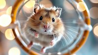 Curious hamster peering through exercise wheel with bokeh lights in background, creating magical mood for pet photography and animal portraits.