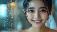 Young Asian woman with radiant smile and glowing skin against blurred bokeh background, wet hair strands frame face with dewy effect and sparkles.