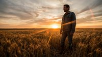 Man standing in golden wheat field at sunset, wearing casual jacket, gazing at horizon during golden hour. Agricultural landscape with warm sky tones.