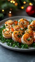 Grilled jumbo shrimp garnished with fresh parsley on white plate against festive Christmas lights background. Seafood appetizer seasoned with herbs and spices.