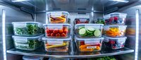 Organized refrigerator interior with glass meal prep containers storing fresh vegetables, fruits and prepared foods on shelves for healthy eating.