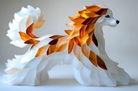 Paper art sculpture of stylized fox or wolf with flowing white body and orange flame-like mane and tail details against neutral background, showcasing intricate layered paper design.
