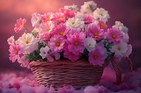 Pink and white cosmos flowers arranged in woven basket against purple background, soft dreamy lighting creates romantic mood, fallen petals add ethereal atmosphere.