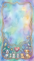 Pastel watercolor frame with ornate gold border featuring cute pets including dogs, cats, rabbits, and birds with paw prints and medical icons on gradient background. Isolated design element for greeting cards, invitations, and children's projects.
