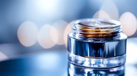 Luxury skincare cream jar with golden serum texture against soft bokeh background for premium beauty and cosmetic product advertising campaigns.