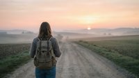 Young woman with long dark hair wearing backpack standing on rural dirt road at sunrise, facing misty agricultural fields and golden sun on horizon.