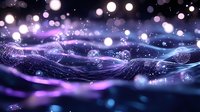 Magical glowing abstract background with flowing purple and blue waves, sparkles and bokeh lights creating ethereal atmosphere for fantasy designs.