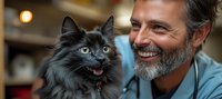 Mature bearded man with gray hair holding fluffy black cat with blue eyes. Pet owner smiling while cat meows, showing emotional bond and companionship.