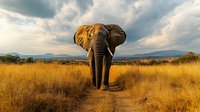 Majestic African elephant walking along path through golden savanna grasslands against dramatic cloudy sky and mountain backdrop at sunset in natural habitat.