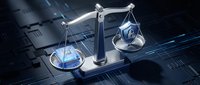 Digital justice scales balancing cybersecurity shield and data globe on futuristic circuit board background for legal technology concepts.