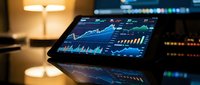 Financial analytics dashboard on tablet displaying stock market charts, graphs and trading data in modern office environment with warm ambient lighting.