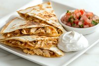 Grilled chicken quesadillas served on white plate with fresh pico de gallo and sour cream. Golden tortillas filled with melted cheese and seasoned meat create appetizing Mexican meal.