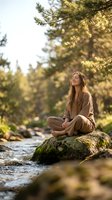 Young woman meditating peacefully on moss-covered rock by forest stream during golden hour sunlight for mindfulness and wellness content.