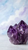 Sparkling amethyst crystal cluster with iridescent facets on a soft purple marble background, perfect for wellness and spiritual content.