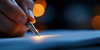 Close-up of fountain pen nib on paper with warm bokeh lights in dark background, creating atmospheric mood for writing, literature and creativity concepts.