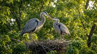 Two great blue herons standing on large nest in tree canopy during golden hour light filtering through green foliage creating natural wildlife habitat scene.