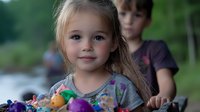 Young girl with long hair smiling outdoors while holding colorful toys, with blurred figure in background. Natural daylight creates warm atmosphere for childhood memories.