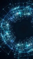 Abstract digital network tunnel with glowing blue lines and geometric connections on dark background for technology and data visualization concepts.