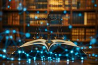 Scales of justice on open law book with glowing blue digital network overlay, perfect for legal tech, digital law services and modern jurisprudence concepts in library setting.
