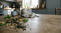 Loose leaf tea scattered on rustic wooden table in cozy kitchen interior with teapot and cups ready for brewing ceremony.