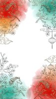 Asian watercolor frame with running horses, cherry blossoms and lanterns in red and turquoise gradient colors for traditional festival designs.