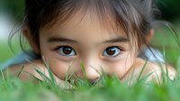 Close up portrait of young Asian girl peeking through green grass with curious expression and bright eyes, natural outdoor setting for childhood concepts.