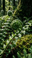 Young fern fronds unfurling in lush forest environment with morning dew drops creating natural spiral patterns in green woodland setting.