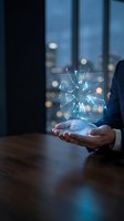 Businessman in dark suit holding glowing digital network hologram with connected lines and nodes above wooden desk, city skyline bokeh background at dusk for technology and innovation concepts.