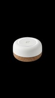 Modern smart home device with white ceramic top and natural wood base, isolated on transparent background. Ready for clipart, product mockups, print-on-demand designs, and digital applications.