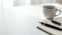 Minimalist workspace with coffee cup, fountain pen and notebook on white desk. Clean office setup for productivity, writing, business planning and morning routine.