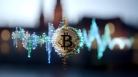Golden bitcoin symbol with digital network connections and trading charts on blurred city background for cryptocurrency investment concepts.