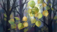 Sunlight filtering through autumn aspen leaves in misty forest creating magical atmosphere with golden yellow foliage and dark tree silhouettes in background.