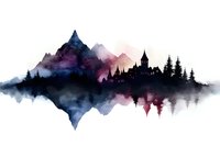 Watercolor mountain landscape with castle silhouette and pine trees in purple and blue tones on white background for creative projects.