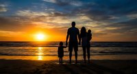 Family silhouettes holding hands on beach at sunset with golden sky and ocean waves. Parents with child enjoying peaceful evening by sea during vacation.