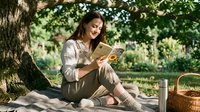 Young woman reading book under tree in park enjoying peaceful outdoor leisure time with picnic basket and thermos bottle for relaxation and literature.